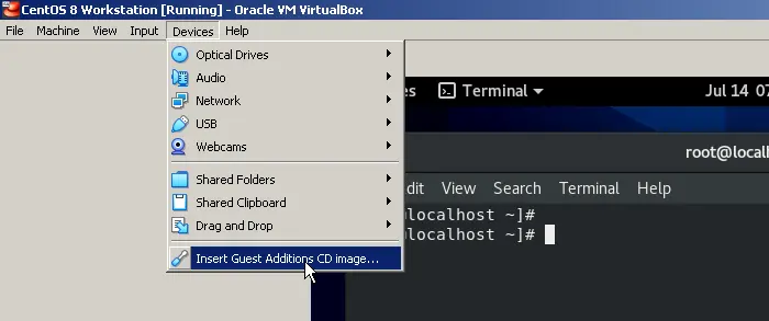 Go to the Devices menu and choose "Insert Guest Addition CD Image" from the menu