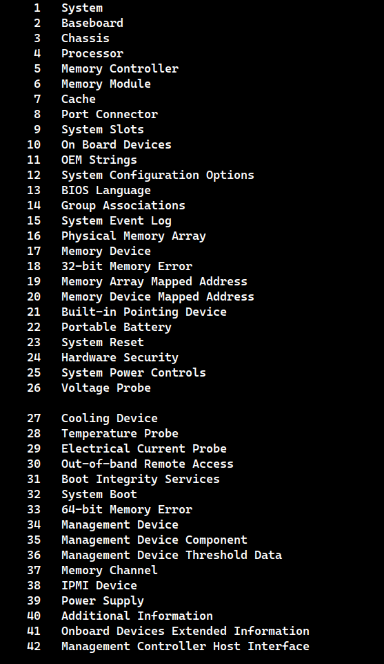 dmidecode types and keywords