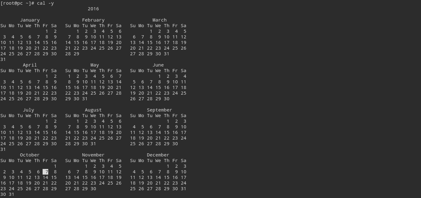 Display a calendar for the whole year