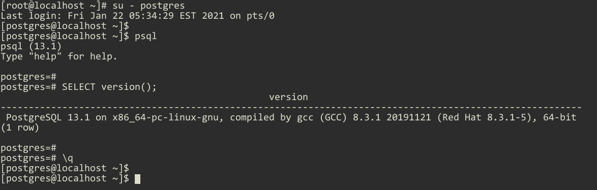 The postgres user can log in to the Postgres shell using the psql command