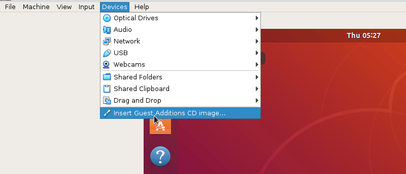 Insert the guest additions CD image to Ubuntu virtual machine.