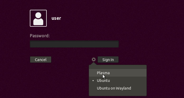 Select: Plasma from the drop-down list, then login to the desktop. From now on KDE Desktop will be the default desktop on your Ubuntu 18.04 PC.