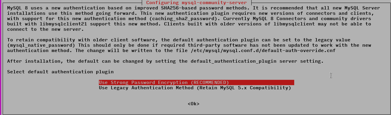 When selecting the default authentication plugin, choose the Use strong password encryption.
