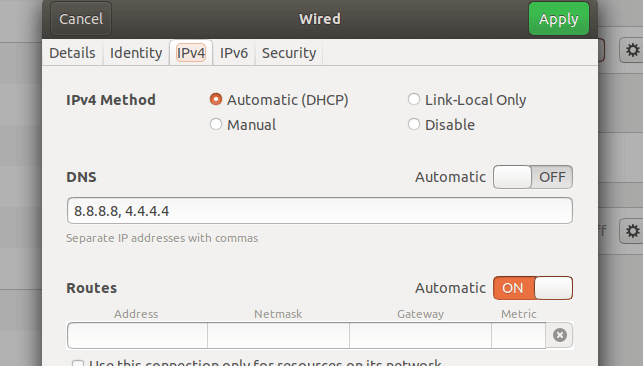 Set DNS name Servers using the Ubuntu Network Manager.