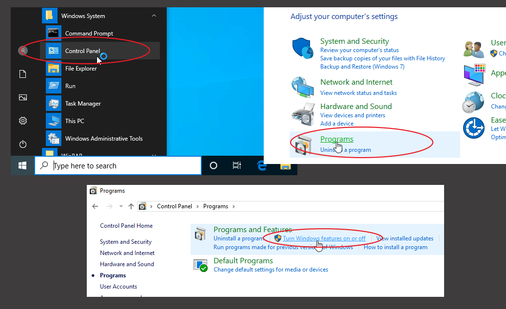 Open Control panel, go to Programs category and Select Turn Windows features on or off