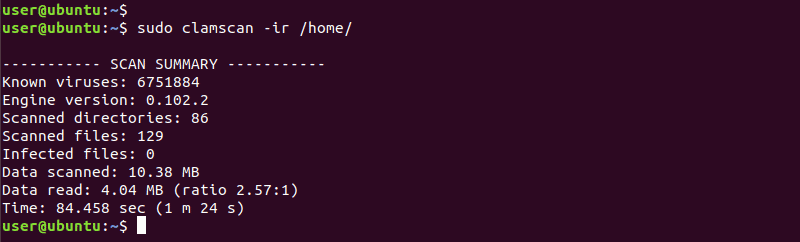 Scanning with clam antivirus in ubuntu