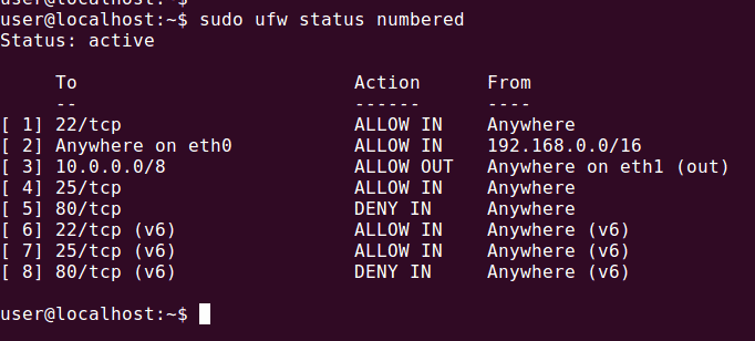 ufw status firewall rule number