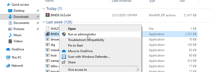 Right click on the BINDInsall and choose run as administrator