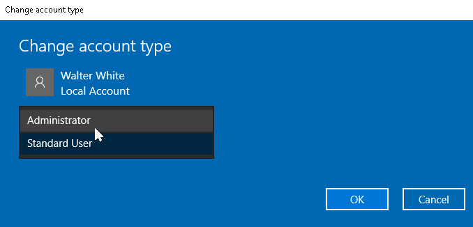 change the account type to Administrator in Windows 10