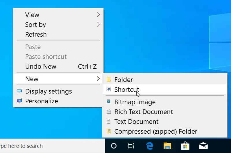 Start by Right-clicking an open area of the desktop, pointing to New, and selecting Shortcut.