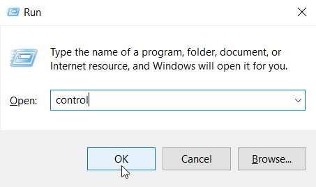 control command to launch the Control Panel using the Run dialog box