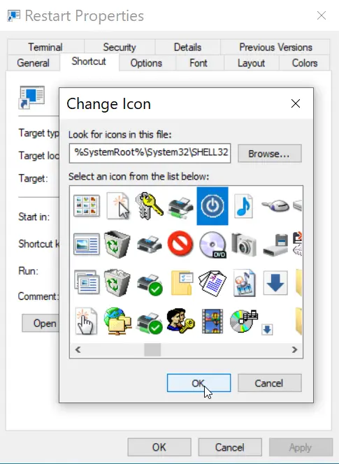 Select a suitable icon for the restart shortcut