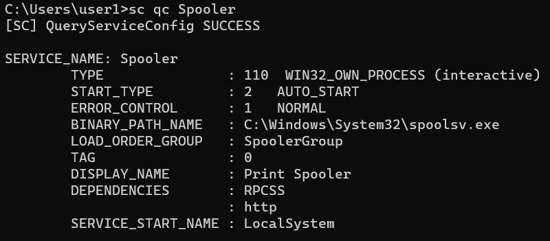 the sc qc command shows configuration of a particular service