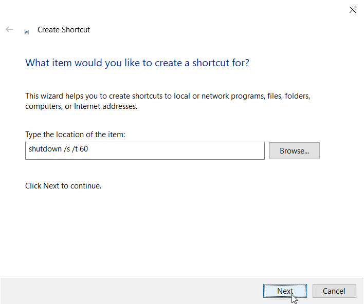create shutdown shortcut windows 10