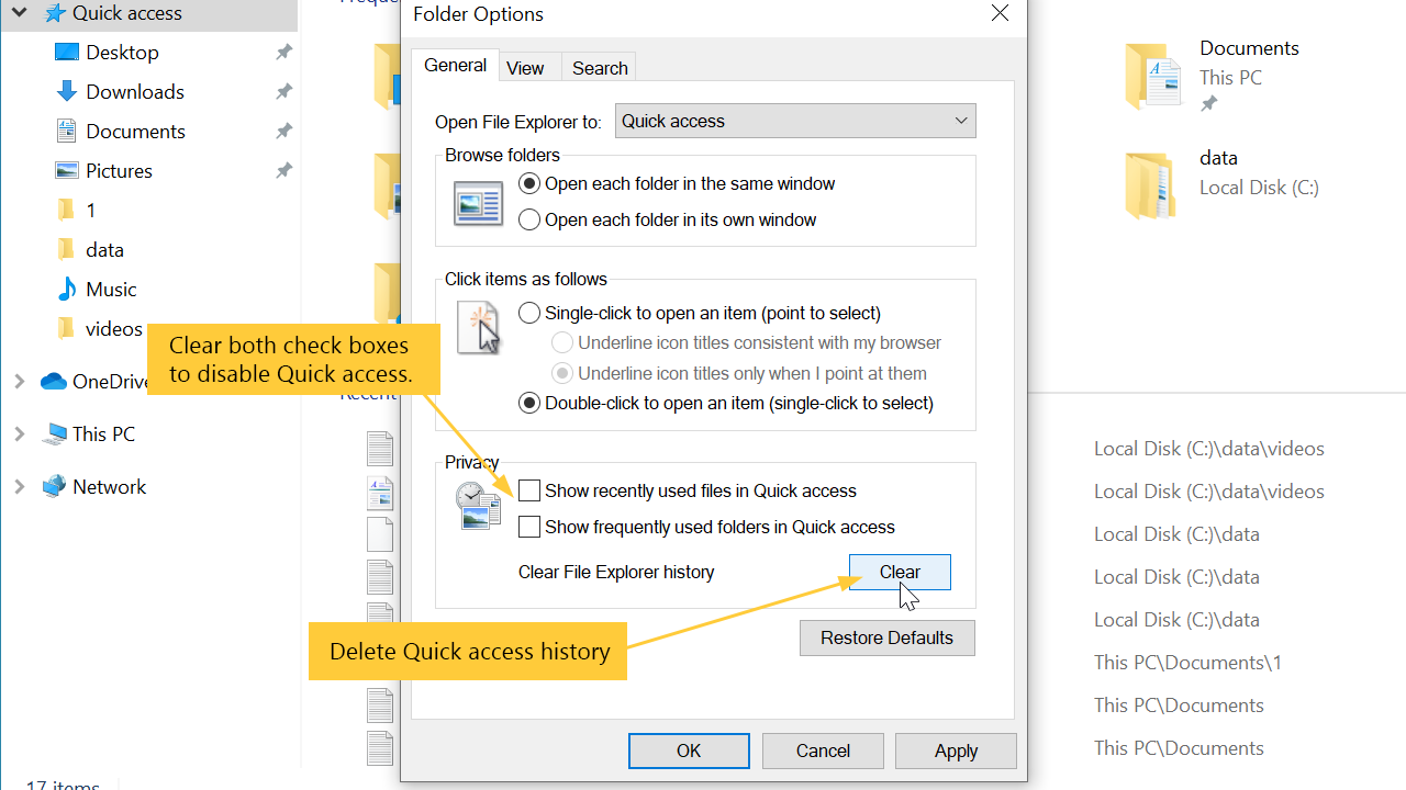 delete quick access history