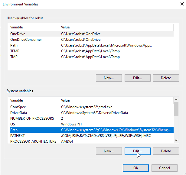 Edit Windows 10 PATH variable