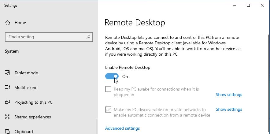 remote desktop connection windows 10