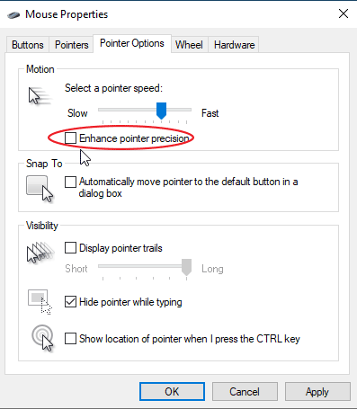 Disable the Enhance pointer precision checkbox If you want to slow down the mouse speed.