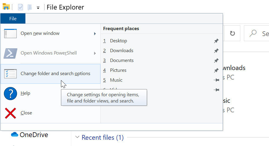 Change folder and search options