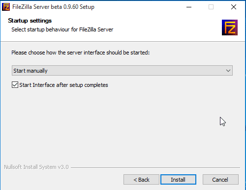 Set FileZilla Interface to start manually