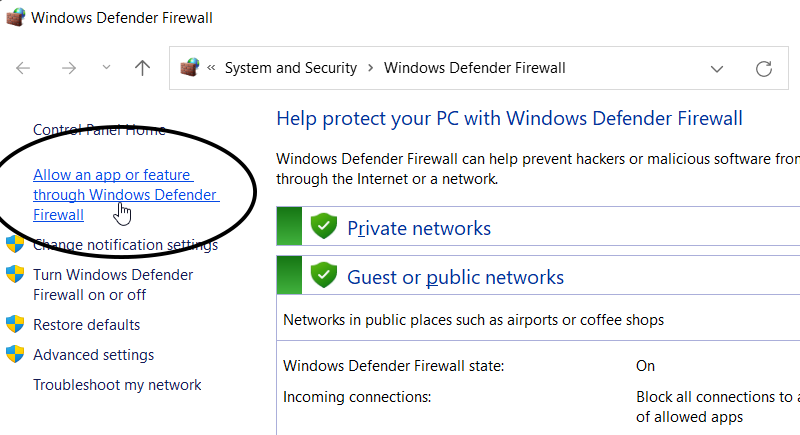 Allow an app or feature through Windows Defender Firewall