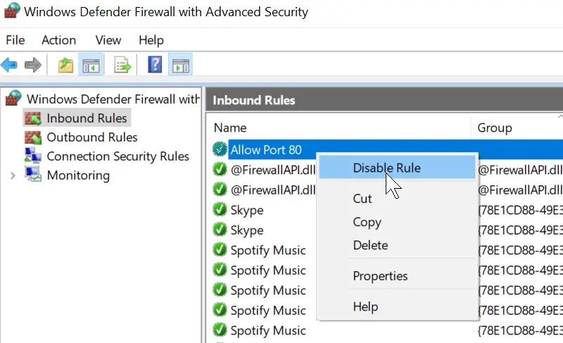 Disable a firewall rule in Windows 10