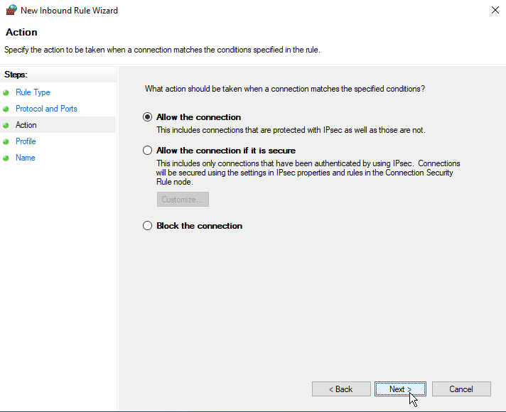 Windows Firewall allow connection