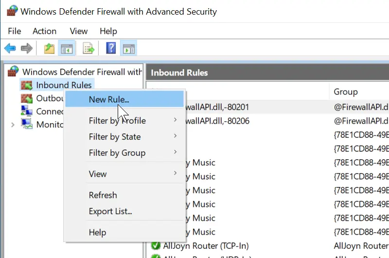 Create new inbound rule in Windows firewall