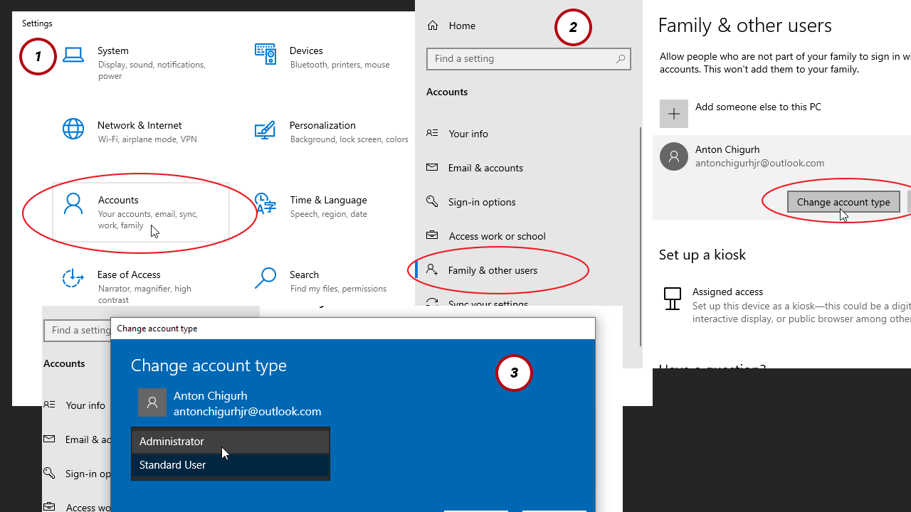 assigning admin rights windows 10