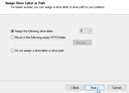 Select a Drive Letter for the new Windows 10 Partition