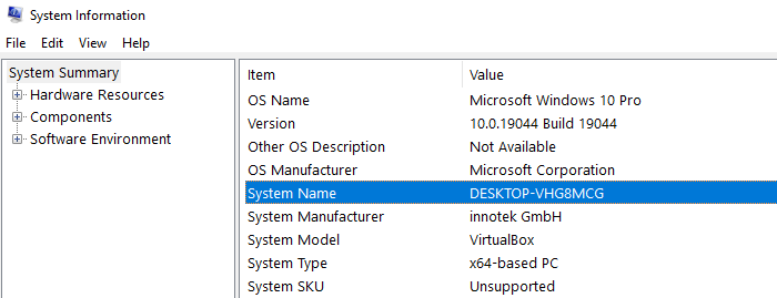 System Information tool displays Hostname