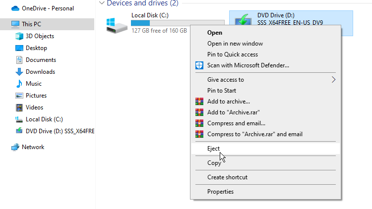 unmount iso files windows 10