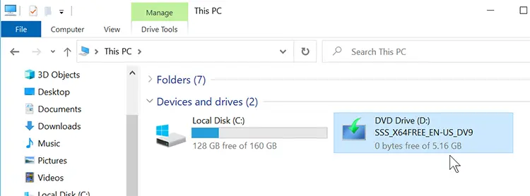 Windows will mount the ISO image as a virtual DVD drive