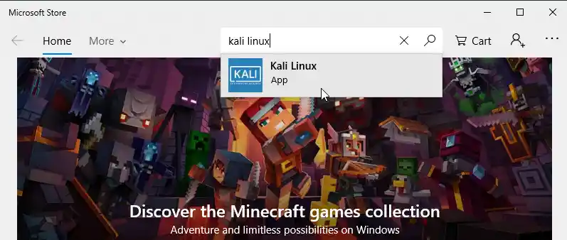 Go to the Microsoft Store, search for Kali Linux.