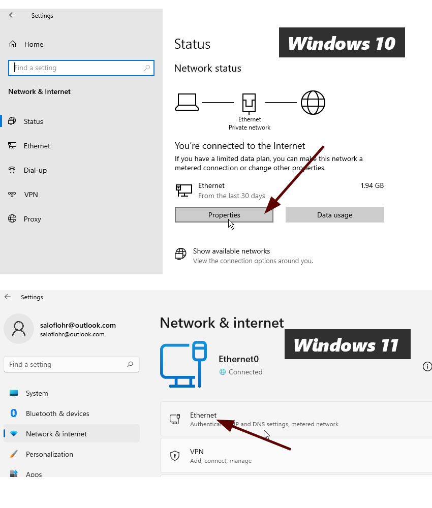 Click on the Properties button below the active network interface