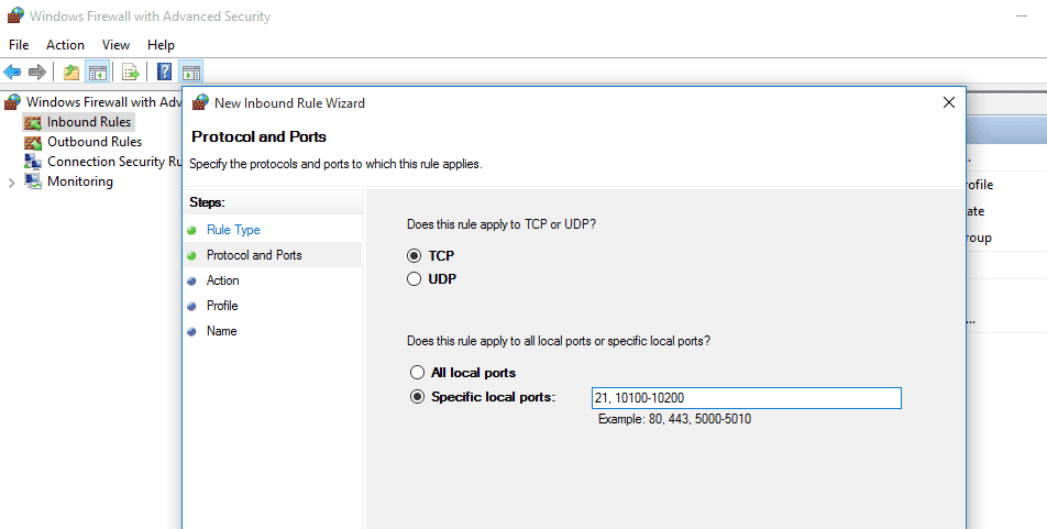 open the Windows Firewall and create a new Inbound rule to allow FTP port 21 and passive port range