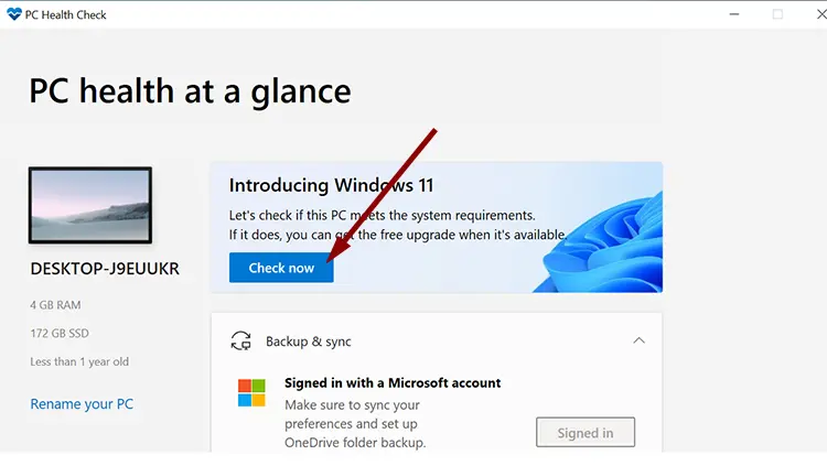 Check if This PC meets Windows 11 minimum requirements