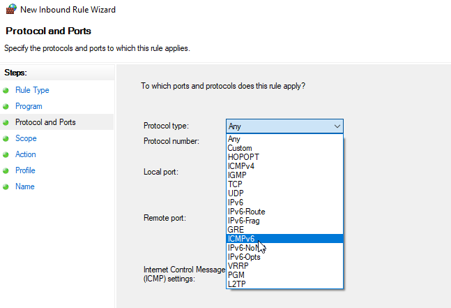 allow icmpv6 through windows firewall