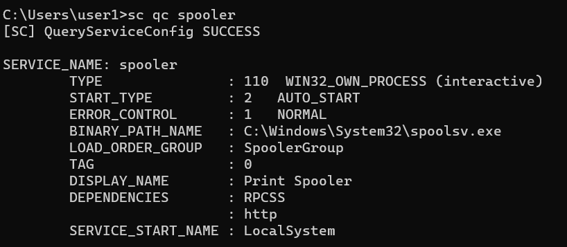 sc qc spooler command shows spooler configuration