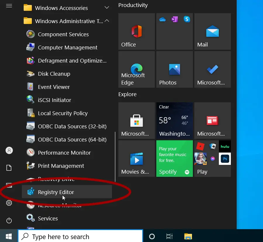 shortcut to the Registry Editor on the Start menu