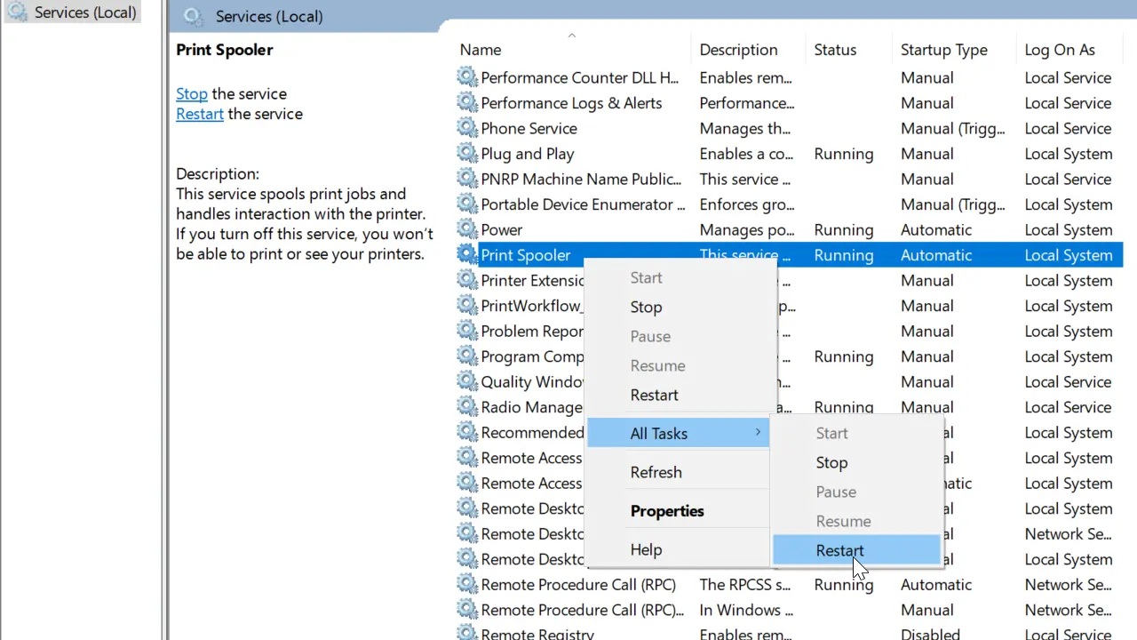 restart print spooler windows 10