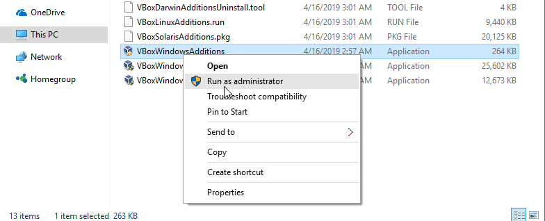  Klicken Sie mit der rechten Maustaste auf VBoxWindowsAdditions und wählen Sie Als Administrator ausführen