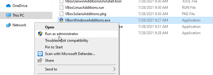 Right click on VBoxWindowsAdditions and select Run as administrator