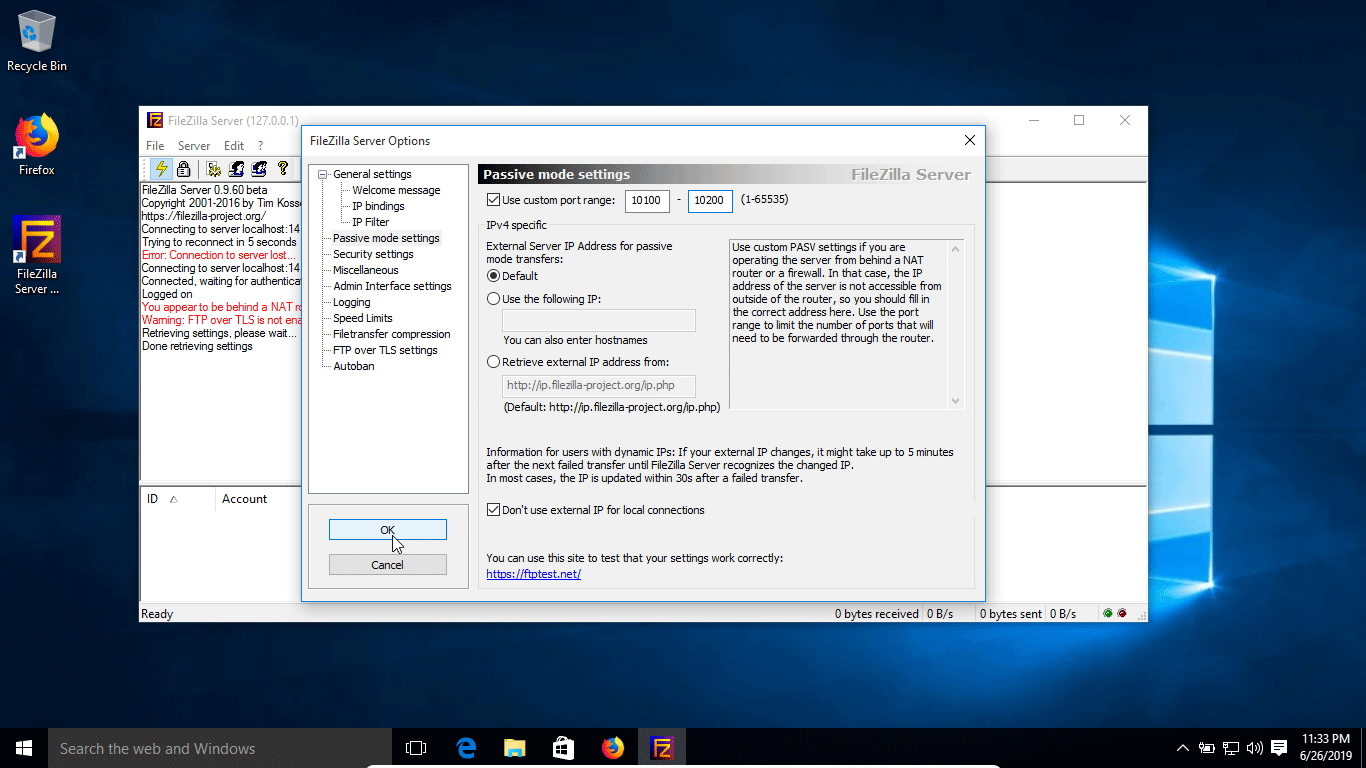 filezilla server setup windows 10 firewall