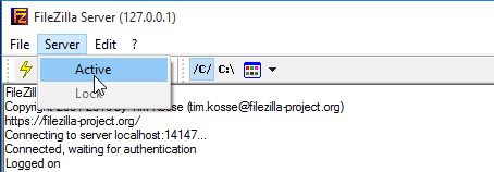 Open the FileZilla server interface. Then, select Server > Active