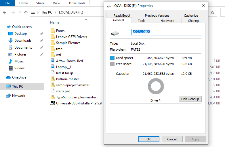 In my Windows 10 PC, I have a 20GB FAT32 partition, which is the F drive and its volume label is LOCAL DISK
