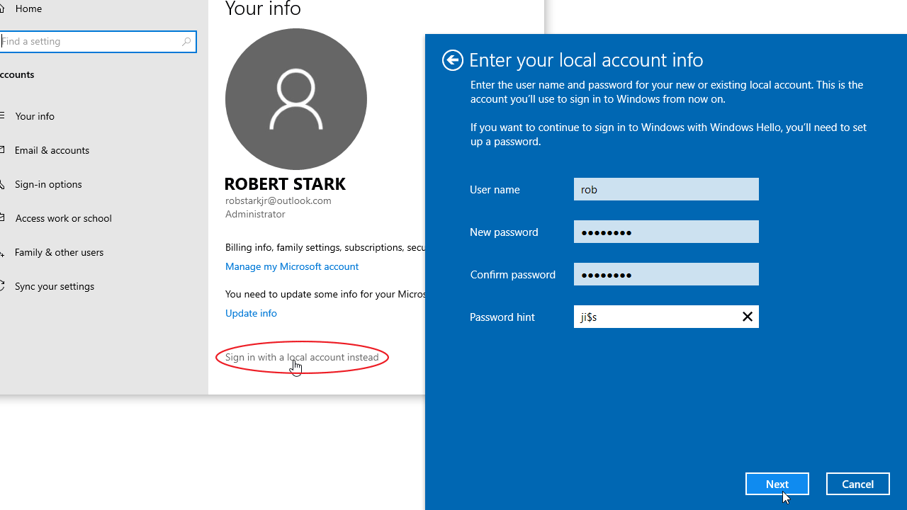 Switch from a Microsoft account to a Local account