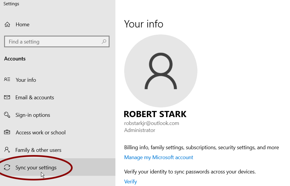 sync account details with your Windows 10 PC