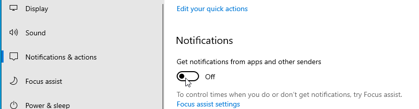 turn off notifications windows 10