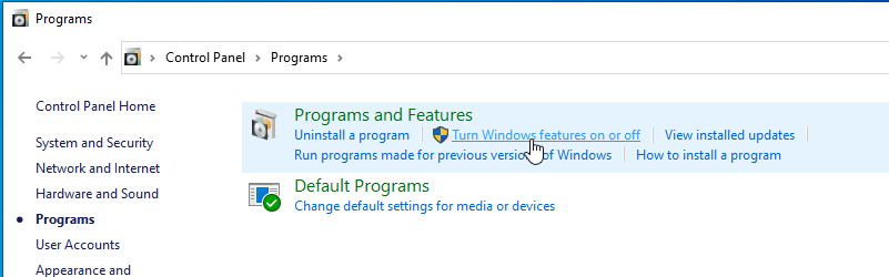 Turn Windows features on or off